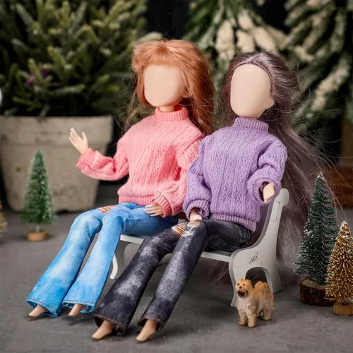 Vista 2 de Juego de 8 piezas de ropa de muñeca de 11.5 pulgadas, suéteres de algodón y pantalones de jean, accesorios para muñeca (suéter de cuello redondo)