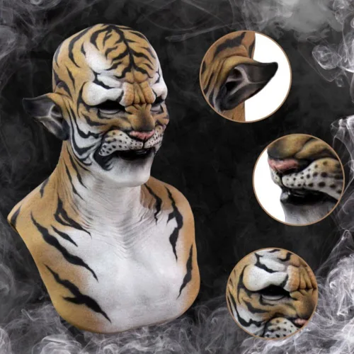 Vista 2 de Máscara de tigre de bestia de Halloween para bromas de látex animal para cosplay de espíritu de tigre