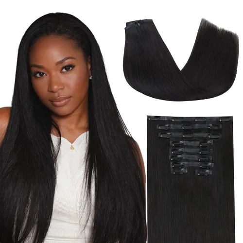 Vista 39 de Lashey Extensiones de cabello humano con clip, sin costuras, #1, color negro azabache, extensiones de cabello humano real, extensiones de cabello