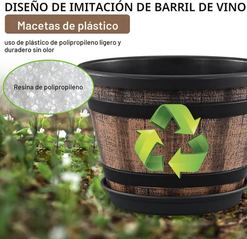 Vista 4 de Juego de Macetas Quarut de 4 Piezas de 12 Pulgadas, Paquete de Grandes Macetas de Barril de Whiskey con Agujeros de Drenaje y Platillo. Macetas