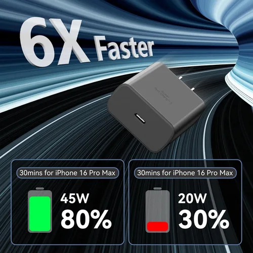 Vista 3 de Cargador para teléfono 17 16 Pro Max de carga rápida, bloque de carga USB C súper rápido de 45 W con cable de carga de 6.6 pies para 17 16 Pro