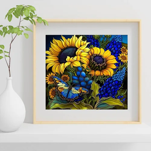 Vista 3 de Kits de pintura de diamantes de girasol para adultos, vidrieras de perforación completa de puntos de diamante para principiantes, pintura redonda 5D