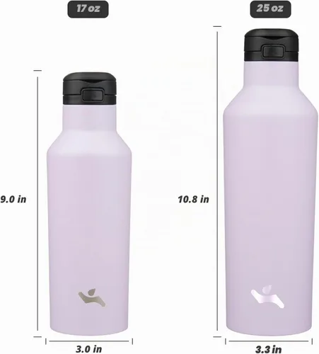 Vista 5 de Botella de agua aislada con popote, termo de acero inoxidable de doble pared al vacío de 25 onzas con 2 tapas, color púrpura