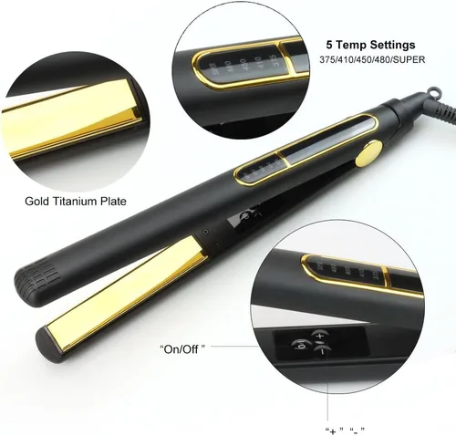 Vista 8 de Plancha de pelo profesional con placas de titanio dorado, 5 ajustes de temperatura, pantalla LCD, negro (1.5 pulgadas)