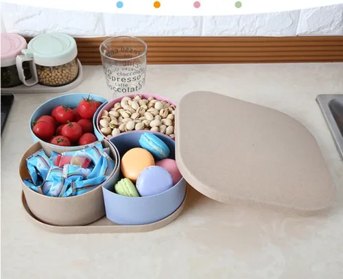 Vista 5 de Outanaya Snack Storage Tray PP with Lid Fan Shape 4 Compartment Wheat Straw
