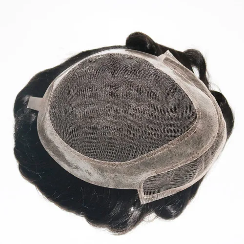 Vista 3 de Línea capilar natural tipo tupé de encaje francés con sistema de peluca de cabello humano PU para hombre, micro nudos para prótesis capilar