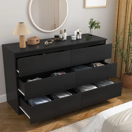 Vista 7 de Cómoda negra para dormitorio, cómoda moderna de 6 cajones con cajón profundo, cómoda ancha, muebles organizadores de almacenamiento para dormitorio