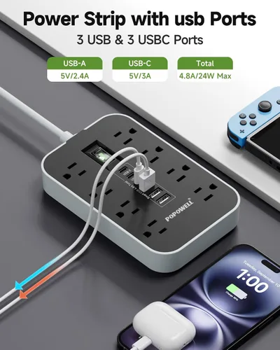 Vista 5 de Regleta de alimentación para electrodomésticos: cable de extensión resistente de calibre 14, 24 pulgadas, 8 tomas de CA y 6 puertos USB, estación