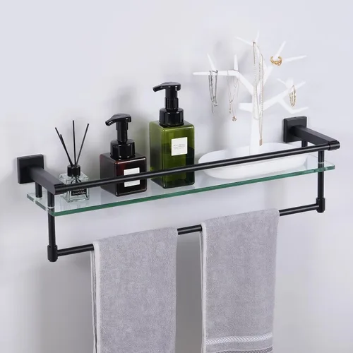 Vista 16 de Estante de vidrio para baño de 20 pulgadas, estantes de baño con barra para toallas, estantes de vidrio templado con soporte para toallas de acero