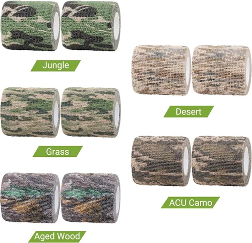 Vista 6 de Cinta adhesiva de camuflaje de 6 rollos, 1/2/3/4 pulgadas x 14.8 pies, vendaje autoadhesivo de camuflaje para acampar al aire libre, tira elástica