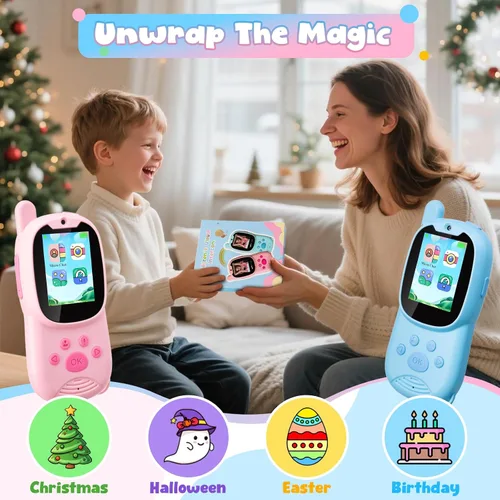 Vista 8 de Walkie Talkies de video para niños de 3 a 12 años, juguetes recargables Walkie Talky con cámara HD y cambiador de voz de 1000 pies de largo alcance