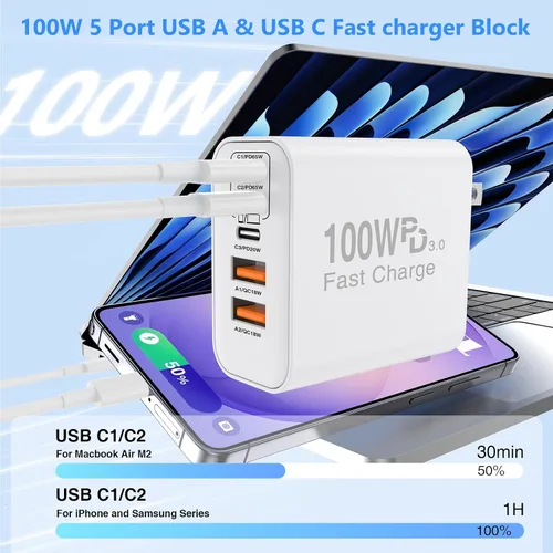Vista 2 de QZIIW Bloque de cargador rápido de pared USB C de 100W, bloque de carga Blanco
