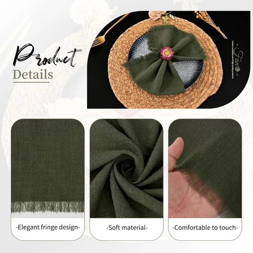 Vista 5 de Paquete de 60 servilletas de tela hechas a mano con flecos, servilletas de lino de algodón verde oliva, servilletas de cena de algodón rústico suave