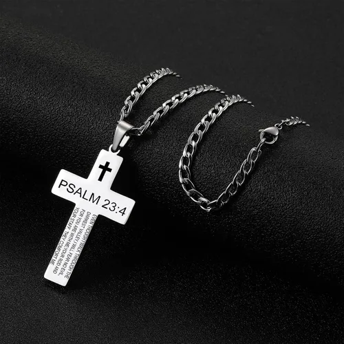 Vista 5 de SKQIR Collar de cruz para hombres con versículo de la Biblia, escritura religiosa cristiana para la primera comunión, colgante de cruz para niños
