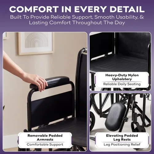 Vista 4 de Silla de ruedas bariátrica de servicio pesado para adultos - Negro - Brazos de escritorio removibles y reposapiernas elevados - Altura estándar