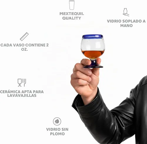 Vista 2 de Auténticos vasos de chupito de tequila mexicano soplados a mano - Juego de 4-2 oz - Mini snifters de vidrio - Base pesada - Coñac