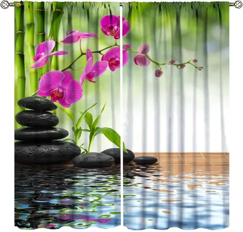 Vista 29 de Cortinas con estampado de bambú verde natural, plantas asiáticas, japonesas, tallos rústicos, hojas, cortina de selva con bolsillo para cortinero