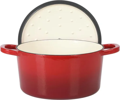 Vista 4 de Crock Pot Artisan - Cacerola redonda de hierro fundido esmaltado estilo horno holandés de 6 cuartos de galón, con tapa - Rojo degradado Rojo