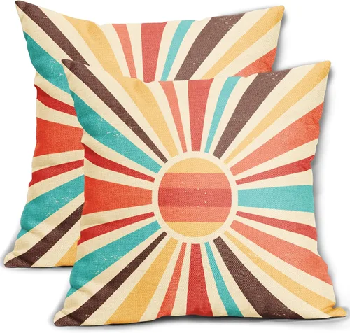 Vista 4 de Juego de 2 fundas de almohada verdes bohemias de 16 x 16 pulgadas, diseño bohemio, amanecer, puesta de sol, estampado abstracto de sol, fundas