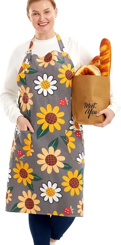 Vista 46 de Delantales de algodón y lino para hornear, talla grande, para mujer, con bolsillos, cocina