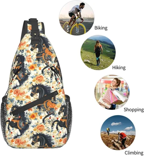 Vista 5 de Small Crossbody Bags for Women Men - Vintage Flower Black Horse Print Adjustable Shoulder Bag Fanny Packs Belt Sling Bag Crossbody Purses Backpack
