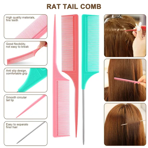 Vista 7 de Peines de pelo para mujer, peines de pelo de dientes anchos y cola de rata, herramienta para el cabello, 10 peines para el cabello, herramienta