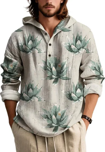 Vista 18 de Sudadera con capucha con estampado bohemio para hombre, de otoño, a la moda, con un cuarto de botón, manga larga, holgada, con capucha, de gran