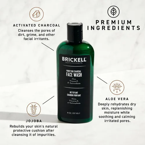 Vista 2 de Brickell - Limpiador facial de carbón purificador para hombres, limpiador facial diario natural y orgánico, 8 onzas, perfumado