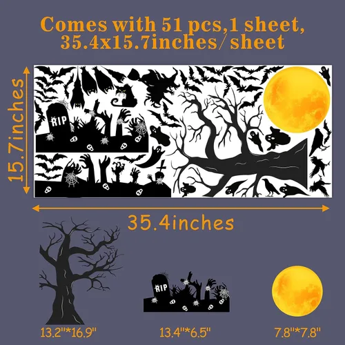 Vista 5 de Barri Design Calcomanías de pared de murciélago de Halloween, árbol de luna, bruja, calcomanías de pared extraíbles para Halloween, calcomanías