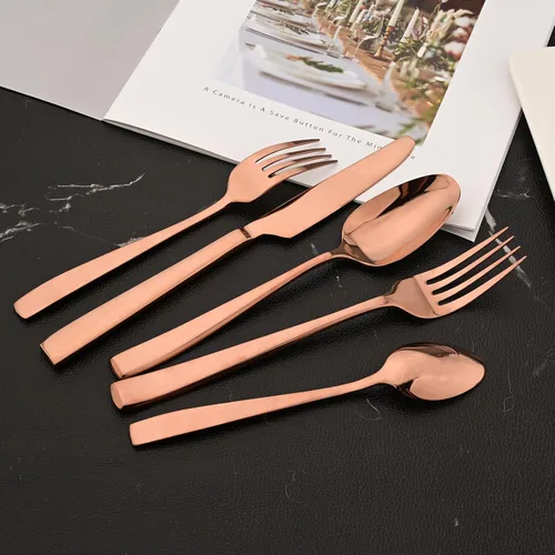 Vista 3 de Juego de cubiertos de oro rosa de 20 piezas, cubiertos de acero inoxidable 18/10, juego de vajilla resistente, incluye cuchillo, tenedor/cuchara