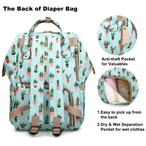 Vista 4 de Mochila para pañales de cactus, bolsa de pañales de viaje impermeable para el cuidado del bebé