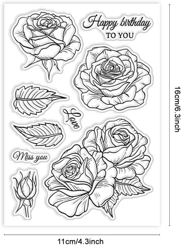 Vista 6 de GLOBLELAND Sellos transparentes con diseño de rosas y hojas para hacer tarjetas, estampado floral de fondo floral y hojas de silicona, sello