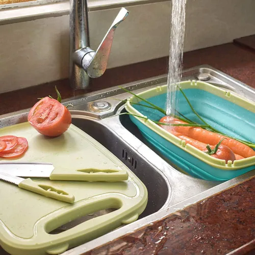 Vista 8 de Tabla de cortar para acampar, HI NINGER - Tabla de cortar plegable con colador, tabla de cortar multifuncional 9 en 1, cesta de lavado de verduras