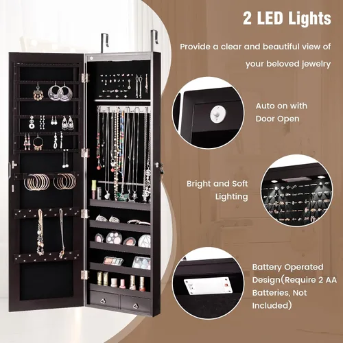 Vista 4 de HAPPYGRILL Armario de joyería montado en la puerta de pared, organizador de almacenamiento de joyas con cerradura con espejo de longitud completa, 2