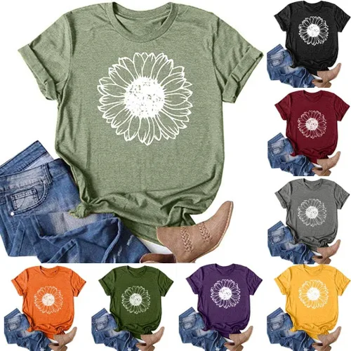 Vista 4 de Camisetas de manga corta para mujer, estilo casual, tallas grandes, holgadas, holgadas, con estampado de flores, de manga corta, blusa para mujer