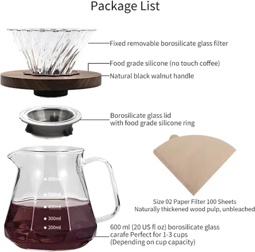 Vista 3 de Kit profesional de cafetera de vidrio para verter sobre café, cafetera en forma de V de 21.1 onzas líquidas con mango de nogal y filtros de 100 V20