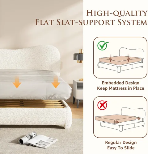 Vista 6 de Kelway - Base de cama tamaño Queen Boucle tapizada con cabecera curvada ajustable, no necesita somier, color beige
