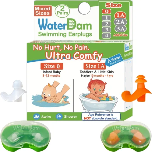 Vista 33 de WaterDam - Tapones de natación para los oídos, grandes, impermeables, ultra cómodos, para evitar el oído de nadador (talla 0: bebé 0-1 año (naranja))