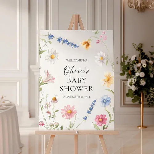 Vista 13 de Letrero de bienvenida personalizado de flores silvestres para baby shower, letrero floral bohemio para baby shower, letrero con nombre personalizado