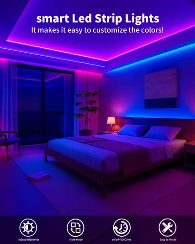 Vista 4 de Tiras de Luces LED Inteligentes de 50 Pies para Dormitorio, Control por Aplicación, Iluminación para Dormitorio, Decoración de Habitación