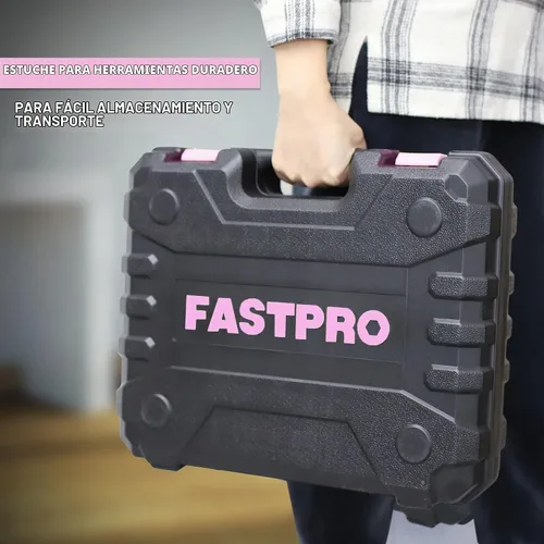 Vista 9 de FASTPRO Juego de herramientas para el hogar y taladro de iones de litio inalámbrico de 177 piezas de 20 V rosa con taladro en estuche