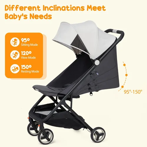 Vista 4 de GAOMON Cochecito ligero, compacto con una sola mano plegable para avión, asiento reclinable y toldo Gris