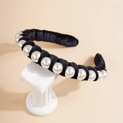 Vista 2 de Wiwpar Diademas de perlas de terciopelo para el pelo con perlas, elegante diadema de perlas antideslizantes, accesorios de moda para el cabello