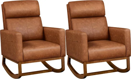 Vista 11 de Yaheetech Mecedora tapizada para cuarto de bebé, con patas de madera de goma, bolsillo lateral, sillón con respaldo alto para sala de estar, Beige