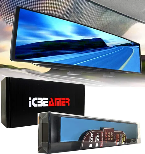 Vista 11 de Espejo retrovisor ICBEAMER de 9.4 pulgadas con clip Tinte azul convexo, vidrio panorámico de gran angular HD, antirreflejo, ajuste universal