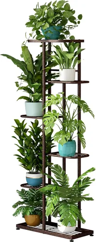 Vista 11 de LINZINAR Soporte de metal para plantas de 4 niveles y 5 macetas, estante múltiple para macetas para interiores y exteriores, unidad de estantería