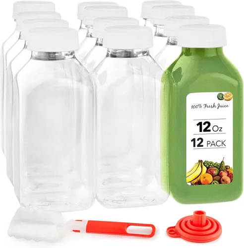 Vista 7 de Botellas de jugo de 12 onzas con tapas para jugo (paquete de 12) – Botellas de agua de plástico vacío transparente reutilizables – Contenedores