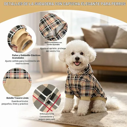 Vista 2 de EXPAWLORER Sudadera con capucha para perro a cuadros, estilo británico con agujero para correa Beige