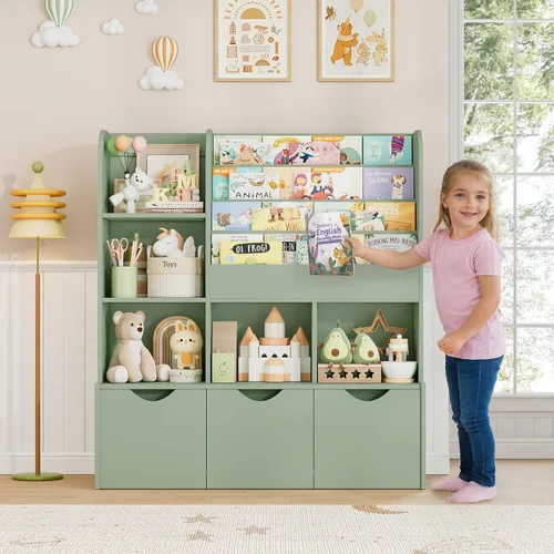 Vista 4 de FOTOSOK Estantería para niños de 47 pulgadas con almacenamiento de juguetes, estantería multifuncional con 5 cubos de almacenamiento y 3 cajones