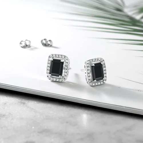 Vista 33 de Gem Stone King Aretes de plata de ley 925 con piedra natal Corte esmeralda de 0.315 x 0.236 in Aretes de halo para mujer